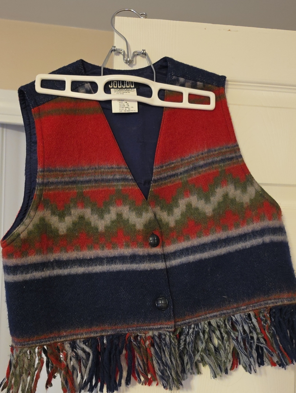 Jou Jou Red, Navy & Green Wool Fringe Vest